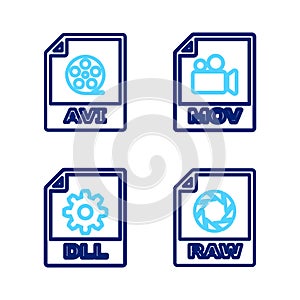 Set line RAW file document, DLL, MOV and AVI icon. Vector