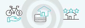 Set line Real estate, Bicycle rental mobile app and Credit card icon. Vector