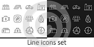 Set line Recharging, Water energy, Electric car, plug, Check engine, Hydroelectric dam, Solar panel and icon. Vector