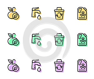 Set line Recycle bin, Apple, Water tap and Radioactive waste barrel icon. Vector