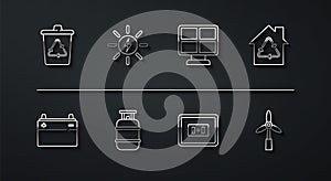 Set line Recycle bin with recycle, Car battery, Eco House recycling, Electrical outlet, Propane gas tank, Solar energy