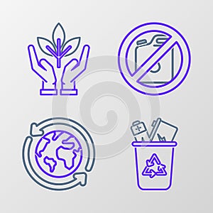 Set line Recycle bin with recycle symbol, Planet earth and a recycling, No canister for gasoline and Plant hand of