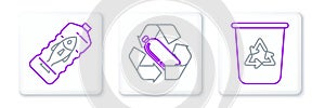 Set line Recycle bin with recycle symbol, Stop ocean plastic pollution and Recycling bottle icon. Vector