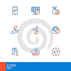 Set line Recycle symbol, Acid rain radioactive cloud, Water tap, mill, Leaf hand, Wind turbine, Apple and Solar energy