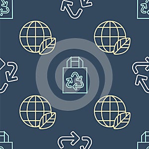 Set line Recycle symbol, Earth globe and leaf and Paper bag with recycle on seamless pattern. Vector