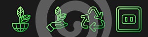 Set line Recycle symbol, Earth globe and plant, Plant in hand and Electrical outlet. Gradient color icons. Vector