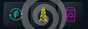 Set line Recycle symbol with leaf, bin and Oil rig. Black square button. Vector