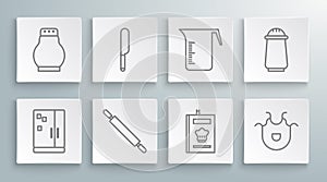 Set line Refrigerator, Knife, Rolling pin, Cookbook, Kitchen apron, Measuring cup, Salt and pepper and icon. Vector