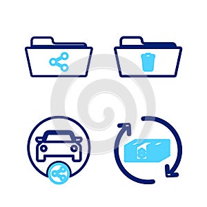 Set line Refund money, Car sharing, Delete folder and Share icon. Vector