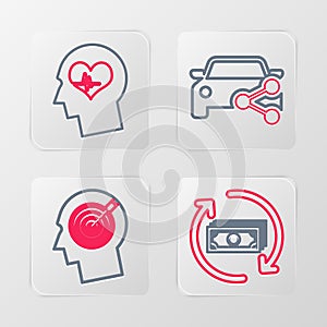 Set line Refund money, Head hunting concept, Car sharing and with heartbeat icon. Vector