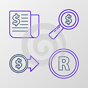 Set line Registered Trademark, Coin money with dollar symbol, Magnifying glass and and Financial news icon. Vector