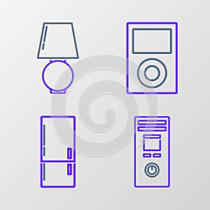 Set line Remote control, Refrigerator, Music player and Table lamp icon. Vector