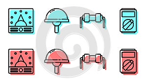 Set line Resistor electricity, Ampere meter, multimeter, voltmeter, Light emitting diode and Multimeter icon. Vector