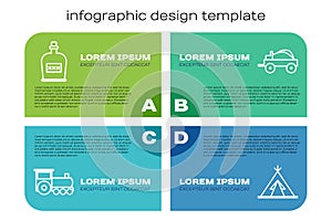 Set line Retro train, Alcohol drink Rum bottle, Indian teepee or wigwam and Wild west covered wagon. Business