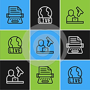Set line Retro typewriter, Crime news and Live report icon. Vector