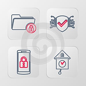 Set line Retro wall watch, Smartphone with lock, Cyber security and Folder and icon. Vector