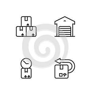 Set line Return cardboard box, Cardboard with clock, Carton and Warehouse icon. Vector