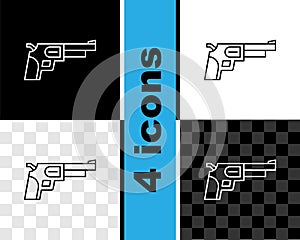 Set line Revolver gun icon isolated on black and white, transparent background. Vector