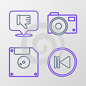 Set line Rewind, Floppy disk for computer data storage, Photo camera and Dislike speech bubble icon. Vector