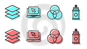 Set line RGB and CMYK color mixing, Layers, Laptop and cursor and Paint spray can icon. Vector