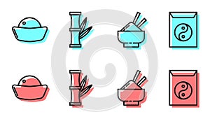 Set line Rice in a bowl with chopstick, Sushi, Bamboo and Yin Yang and envelope icon. Vector