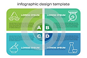 Set line Rice in a bowl with chopstick, Sushi on cutting board, Chinese tea ceremony and Gong. Business infographic