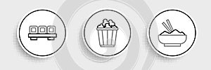 Set line Rice in a bowl with chopstick, Sushi on cutting board and Popcorn box icon. Vector