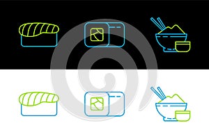 Set line Rice in a bowl with chopstick, Sushi and icon. Vector