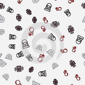 Set line Ringing alarm bell, Security keypad access panel, camera and Bomb on seamless pattern. Vector