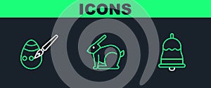 Set line Ringing bell, Easter egg and paint brush and rabbit icon. Vector