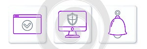 Set line Ringing bell, Secure your site with HTTPS, SSL and Computer monitor and shield icon. Vector