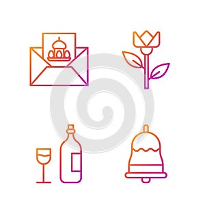 Set line Ringing bell, Wine bottle with glass, Greeting card with Happy Easter and Flower tulip. Gradient color icons