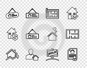 Set line Rising cost of housing, House contract, plan, Realtor, Hanging sign with For Sale, Sold and icon. Vector