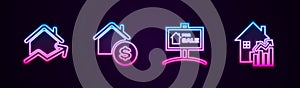 Set line Rising cost of housing, House with dollar, Hanging sign For Sale and . Glowing neon icon. Vector