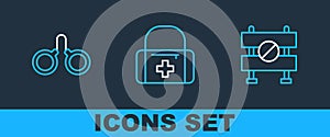 Set line Road barrier, Handcuffs and First aid kit icon. Vector