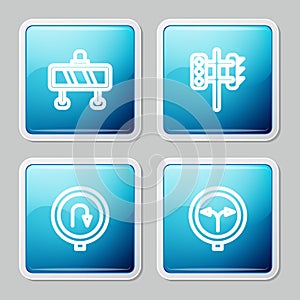 Set line Road barrier, Traffic light, Turn back road sign and Fork in the icon. Vector