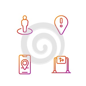 Set line Road traffic sign, City map navigation, Location with person and exclamation mark. Gradient color icons. Vector