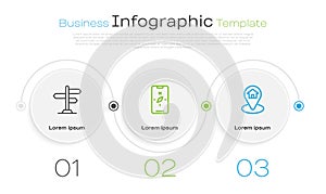 Set line Road traffic sign, Compass on mobile and Location with house. Business infographic template. Vector