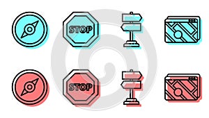 Set line Road traffic sign, Compass, Stop sign and Infographic of city map navigation icon. Vector