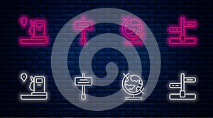 Set line Road traffic sign, Earth globe, Location and gas station and . Glowing neon icon on brick wall. Vector