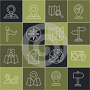 Set line Road traffic sign, Gps device with map, Search location, Wind rose, Flag, Folded marker and icon. Vector