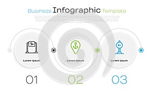 Set line Road traffic sign, Location with anchor and Traffic turn left. Business infographic template. Vector