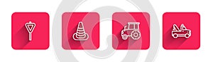 Set line Road traffic signpost, Traffic cone, Tractor and Tow truck with long shadow. Red square button. Vector