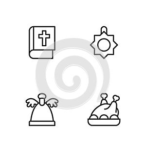 Set line Roasted turkey or chicken, Angel, Holy bible book and Christmas toy icon. Vector