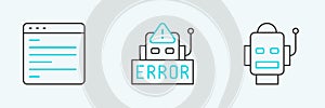 Set line Robot, Computer api interface and Error robot icon. Vector