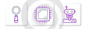 Set line Robot, Magnifying glass and Processor with CPU icon. Vector