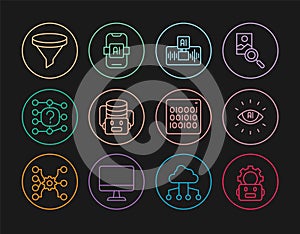 Set line Robot setting, Artificial intelligence AI, robot, Neural network, Funnel filter, Binary code and icon. Vector