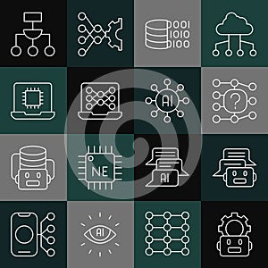 Set line Robot setting, Chat, Neural network, Binary code, Processor CPU, Algorithm and icon. Vector