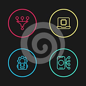 Set line Robot setting, Neural network, Processor CPU and Funnel filter icon. Vector