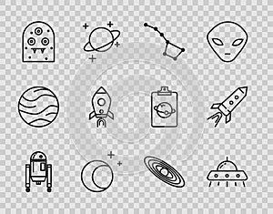 Set line Robot, UFO flying spaceship, Great Bear constellation, Moon and stars, Alien, Rocket with fire, Planet and icon